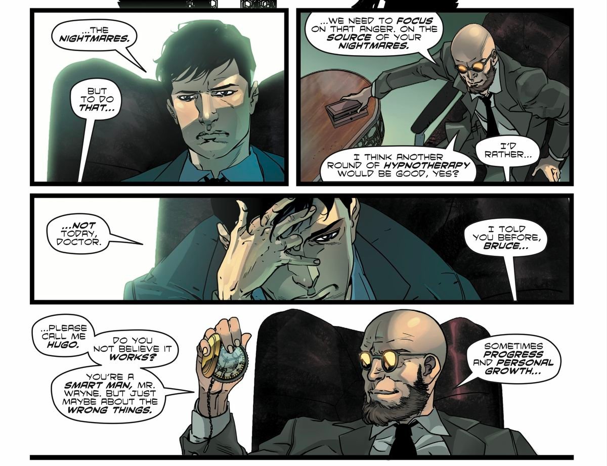 Doctor Hugo Strange tells a young Bruce Wayne that the only way to make his nightmares go away is his method of hypnotherapy in Batman: The Knight #1 (2022). 