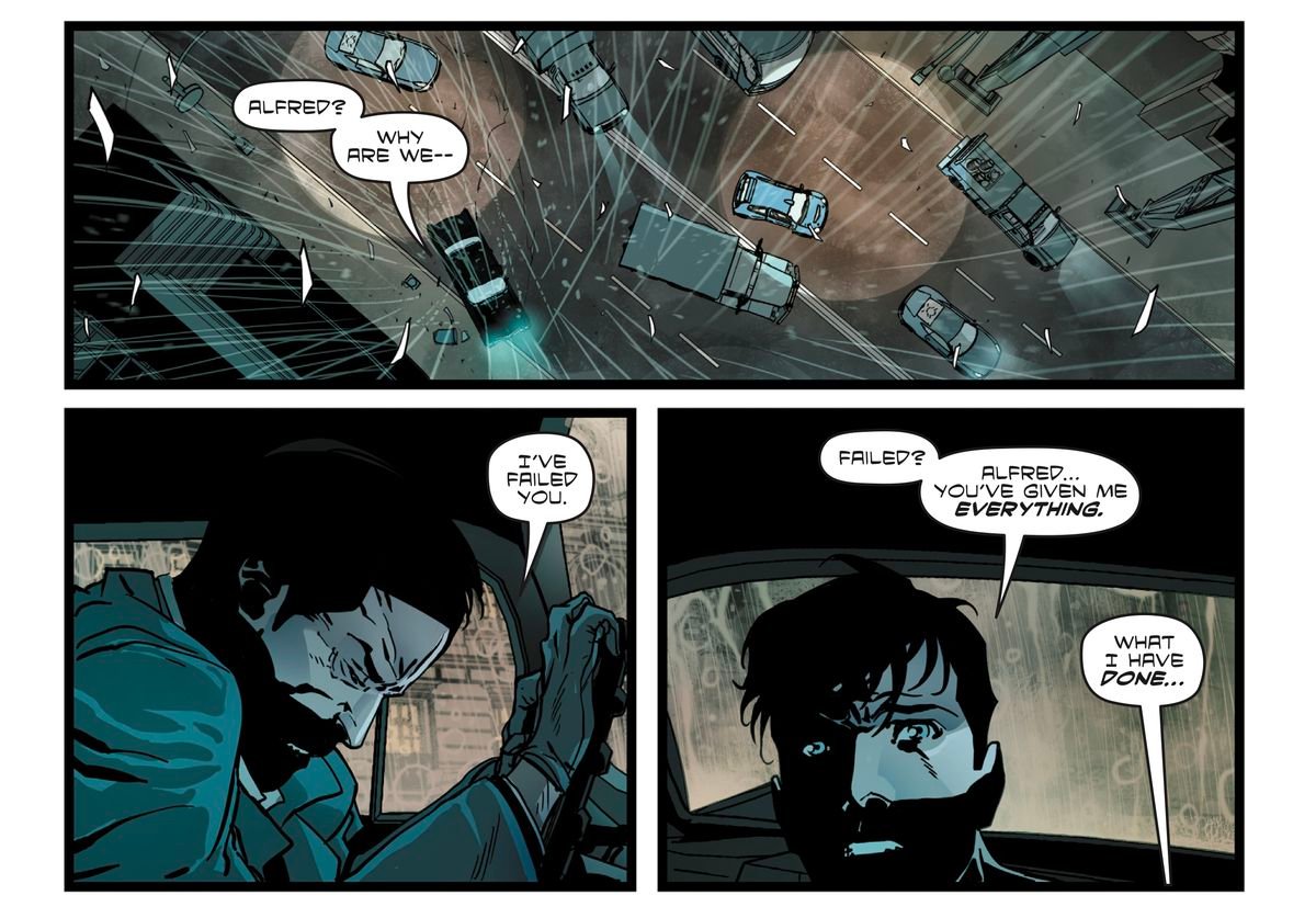 “I’ve failed you,” Alfred tells a shocked young Bruce Wayne, bent over a steering wheel, after pulling the car over as he was overwhelmed by emotion in Batman: The Knight #1 (2022). 