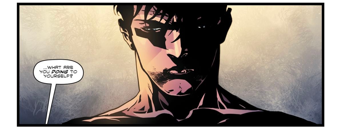 A young shirtless Bruce Wayne’s face is shrouded in dark shadows as someone off panel asks “What are you doing to yourself?” in Batman: The Knight #1 (2022). 