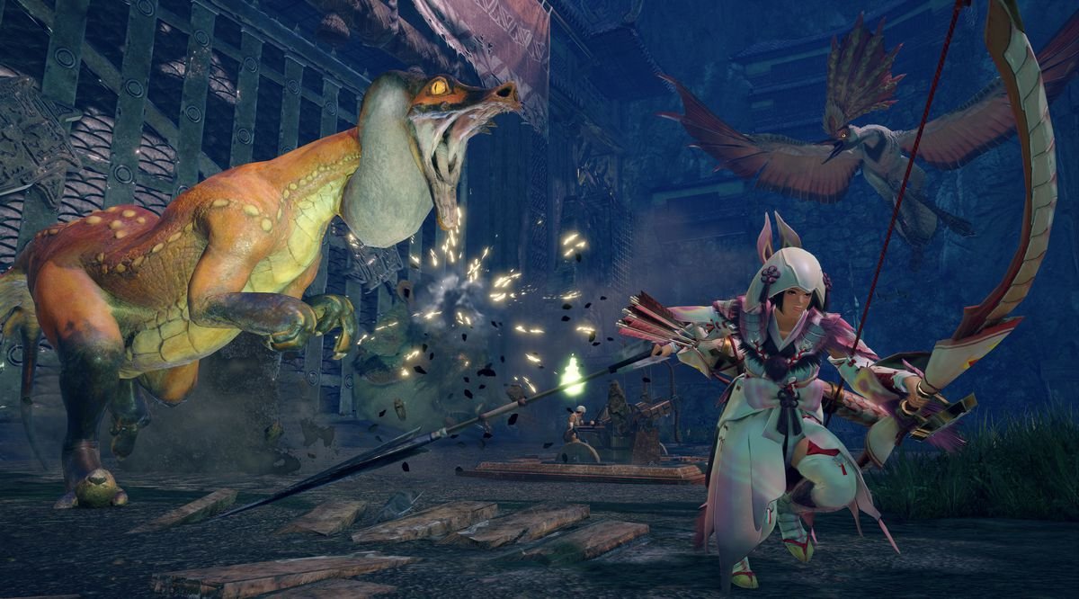A Hunter battles two beats at once in Monster Hunter Rise on PC