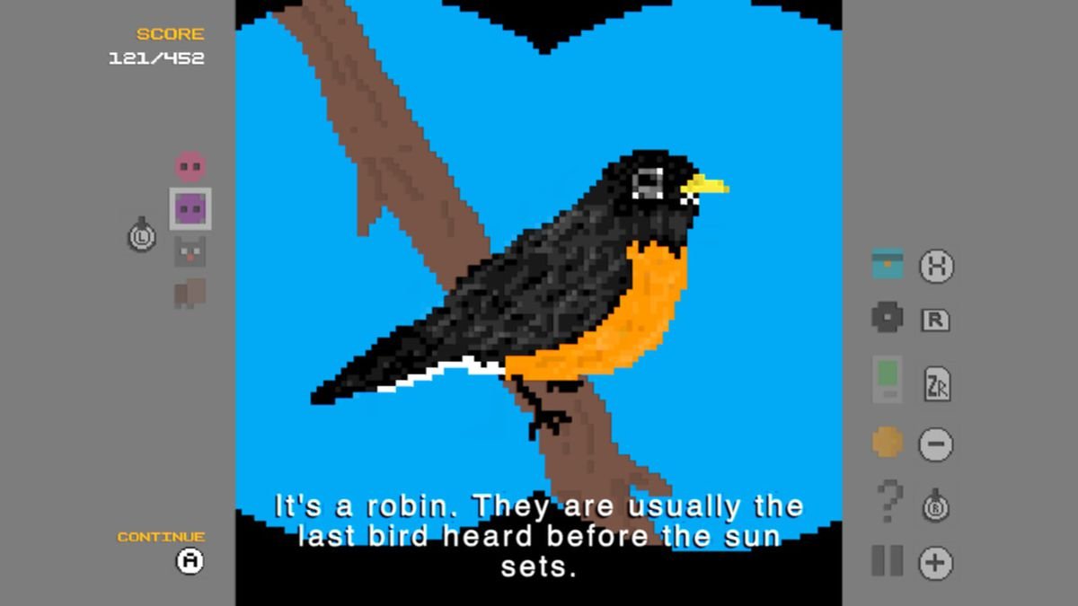 a pixel robin on a branch, with a blue background