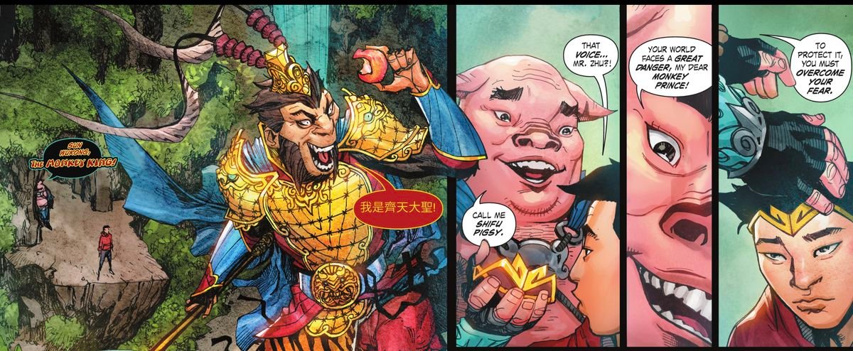 Shifu Pigsy reveals to Marcus Shen that his fater is the great Sun Wukong, the Monkey King, gives him his princely crown, and tells him he must overcome his fear in Monkey Prince #1 (2022). 