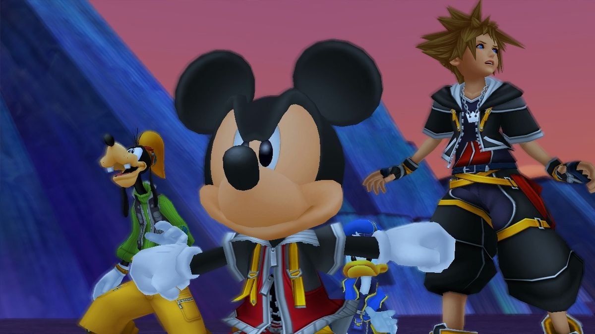 Goofy, Mickey, and Sora in stand ready for battle in Kingdom Hearts 3.
