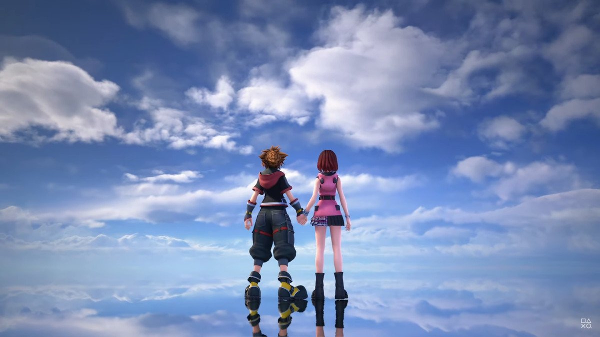 Sora and Kairi look at the vast sky together in Kingdom Hearts 3