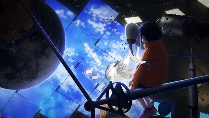 Konoha gazing at Earth from the Anshin space station in The Orbital Children.