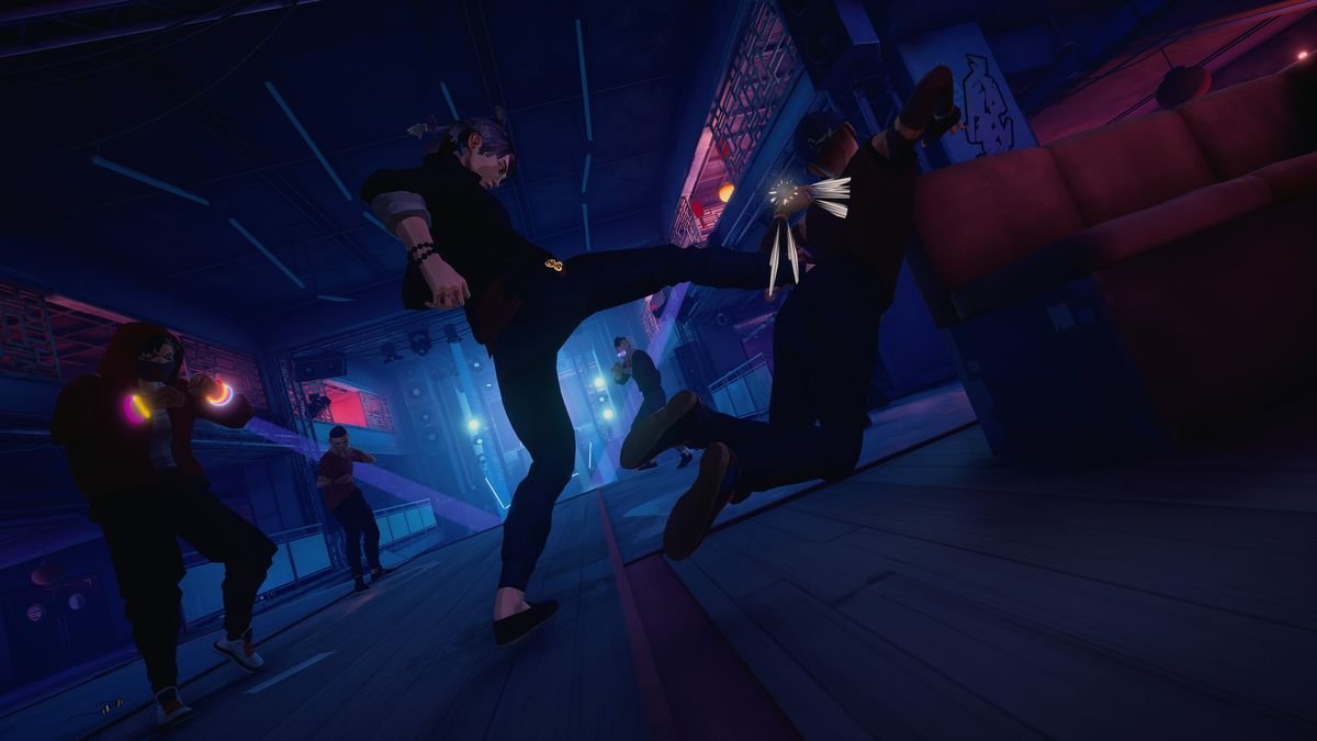 An aged martial artist drives her foot into the back of a collapsing goon, smashing him into a nearby nightclub booth, in Sifu