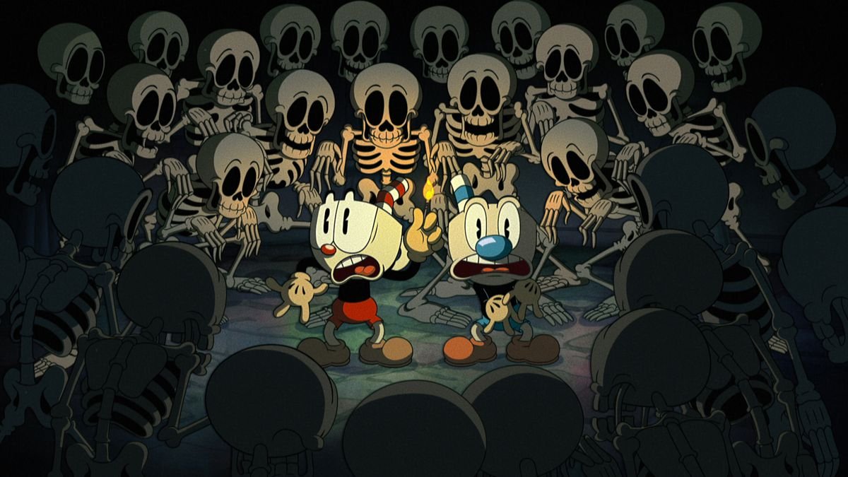 Cuphead and Mugman surrounded by skeletons