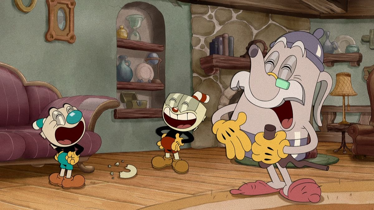 Cuphead, Elder Kettle, and Mugman laughing in their living room 