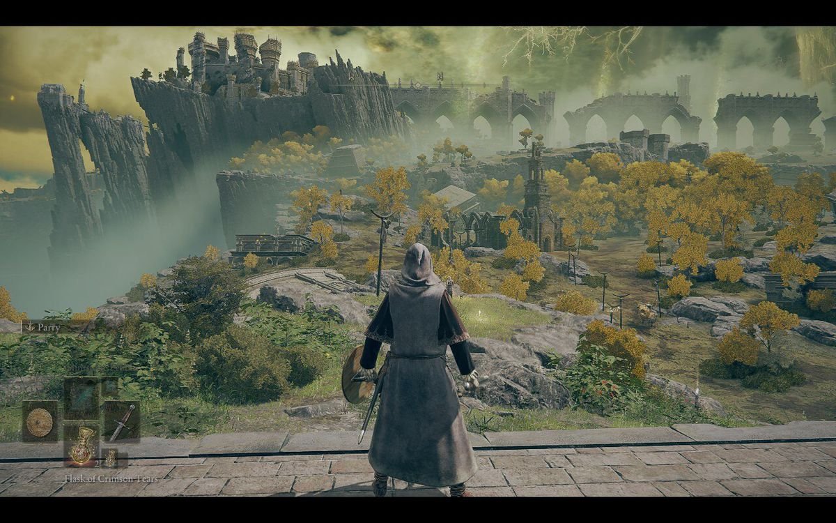 An astrologer looks across a green field in Elden Ring