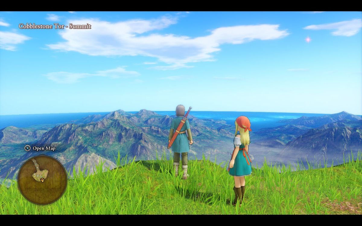 The hero of Dragon Quest 11 looks across the mountains and blue skies, preparing for an adventure
