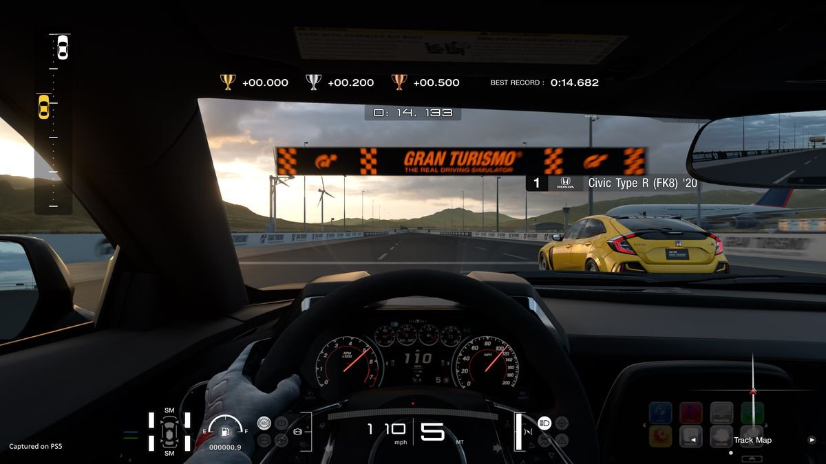 An in-car cockpit view from a race in Gran Turismo 7