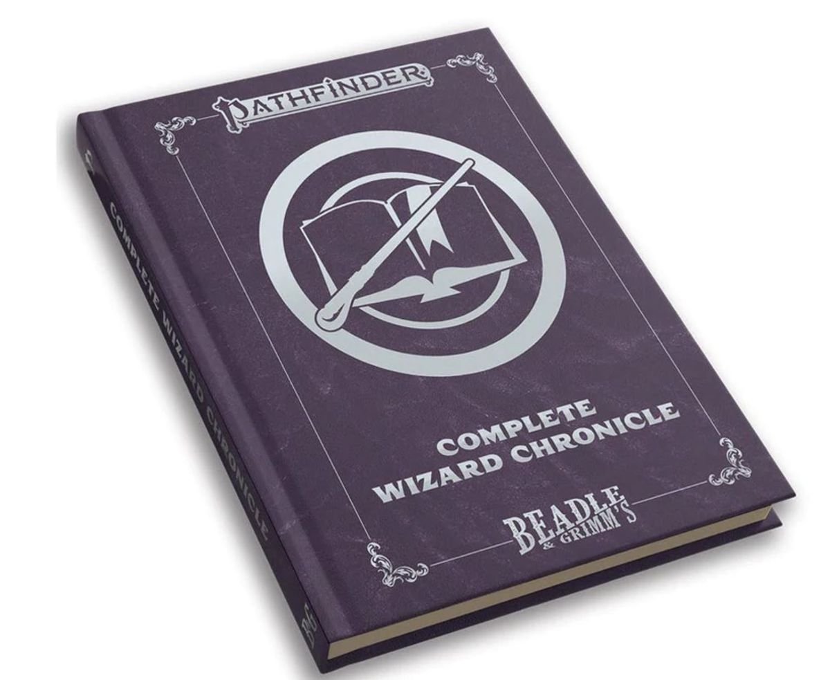 A purple book with a wand on the front.