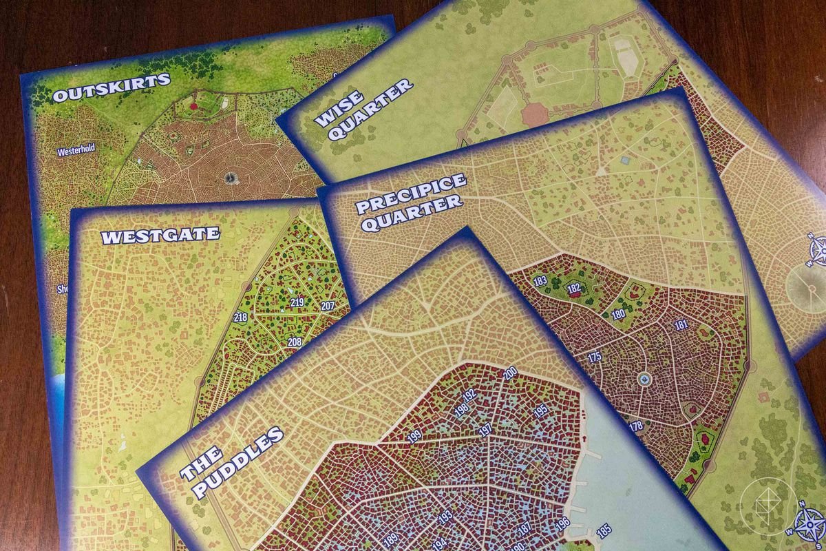 Five maps with aerial views of medieval urban landscapes.