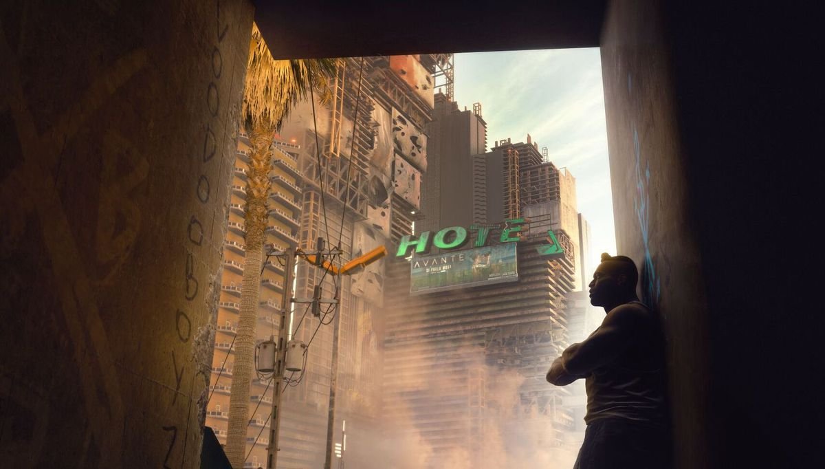 An NPC gazes out over Night City 