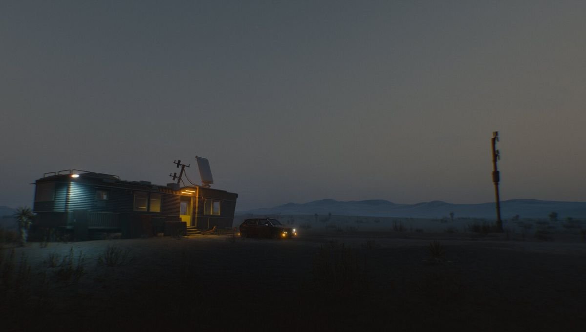 A desert stretches into the horizon outside of Night City