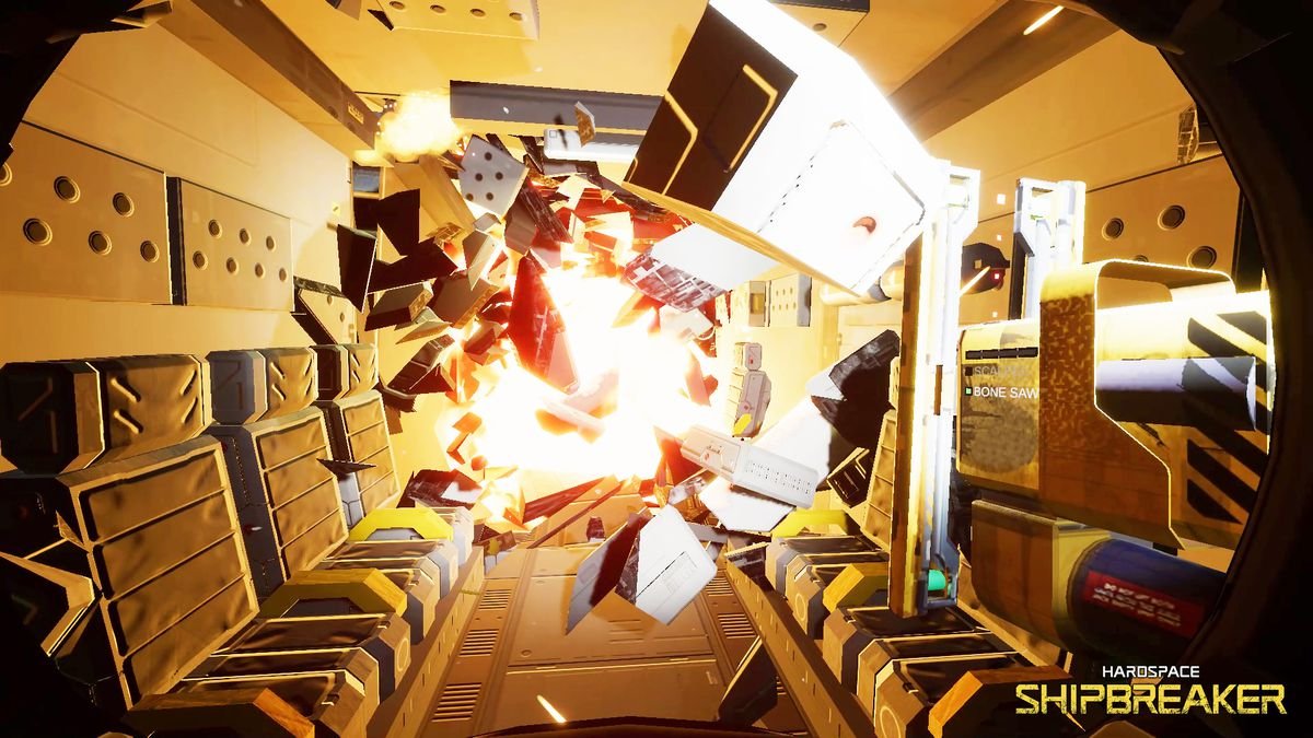 Hardspace: Shipbreaker art showing an explosion ripping apart a spaceship.