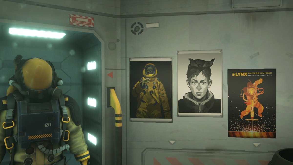 Hardspace: Shipbreaker screenshot of a spacesuit and posters on the wall.