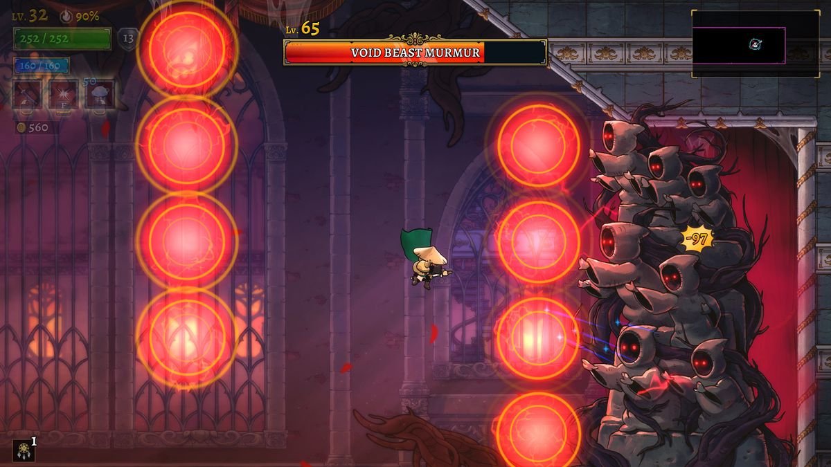 A Ronin hero dodges giant fireballs and fights the Void Beast Murmur in Rogue Legacy 2