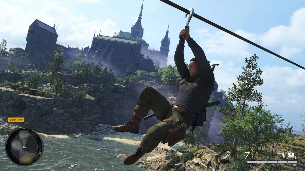 Karl Fairburne uses a zipline on Sniper Elite 5’s Chateau level
