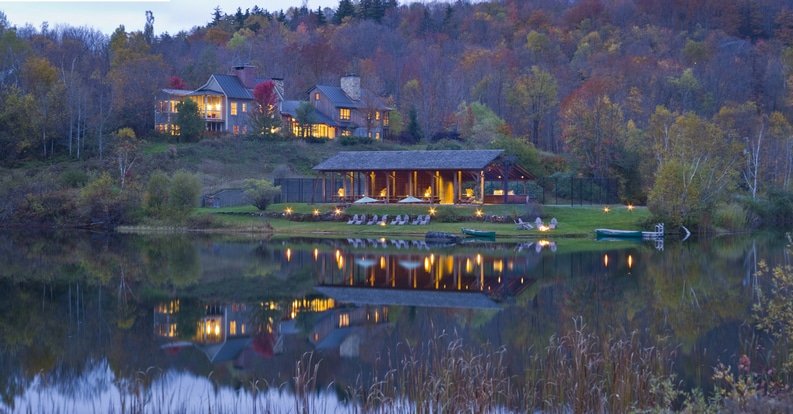 View of lake at Twin Farms hotel in Barnard, Vermont