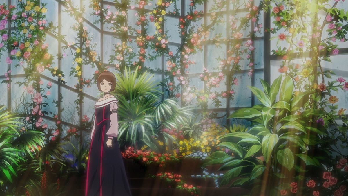 Momo smiling while standing in a greenhouse filled with colorful flowers in Vampire in the Garden.