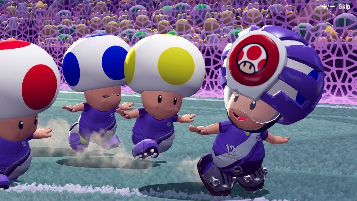 a group of toad do the airplane run in mario strikers battle league