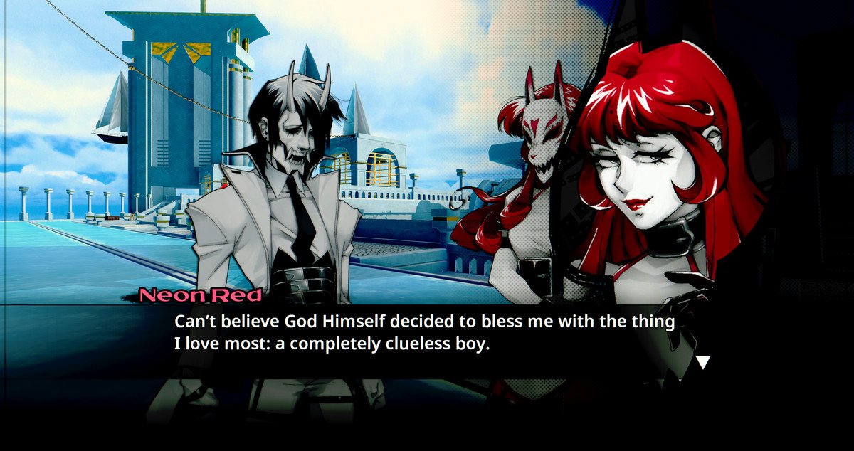 Neon White talks to another cast member during a dialogue cutscene