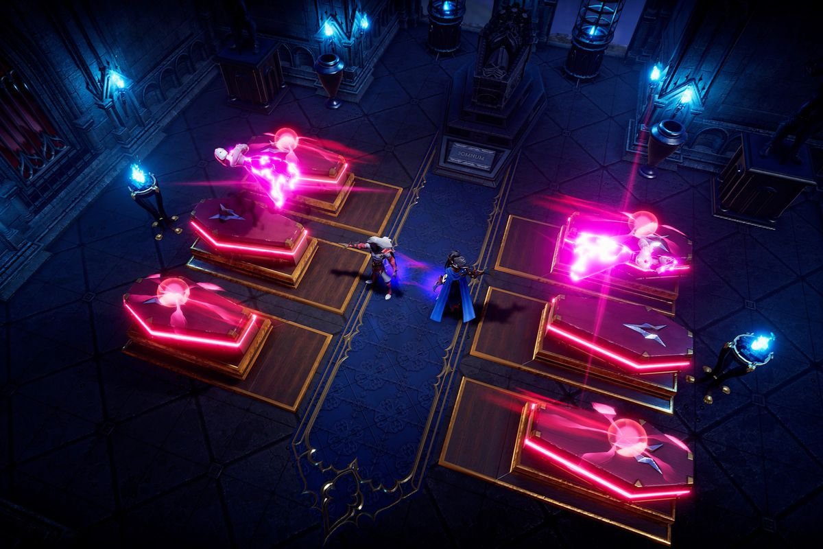 A collection of coffins in a vampire’s castle in V Rising