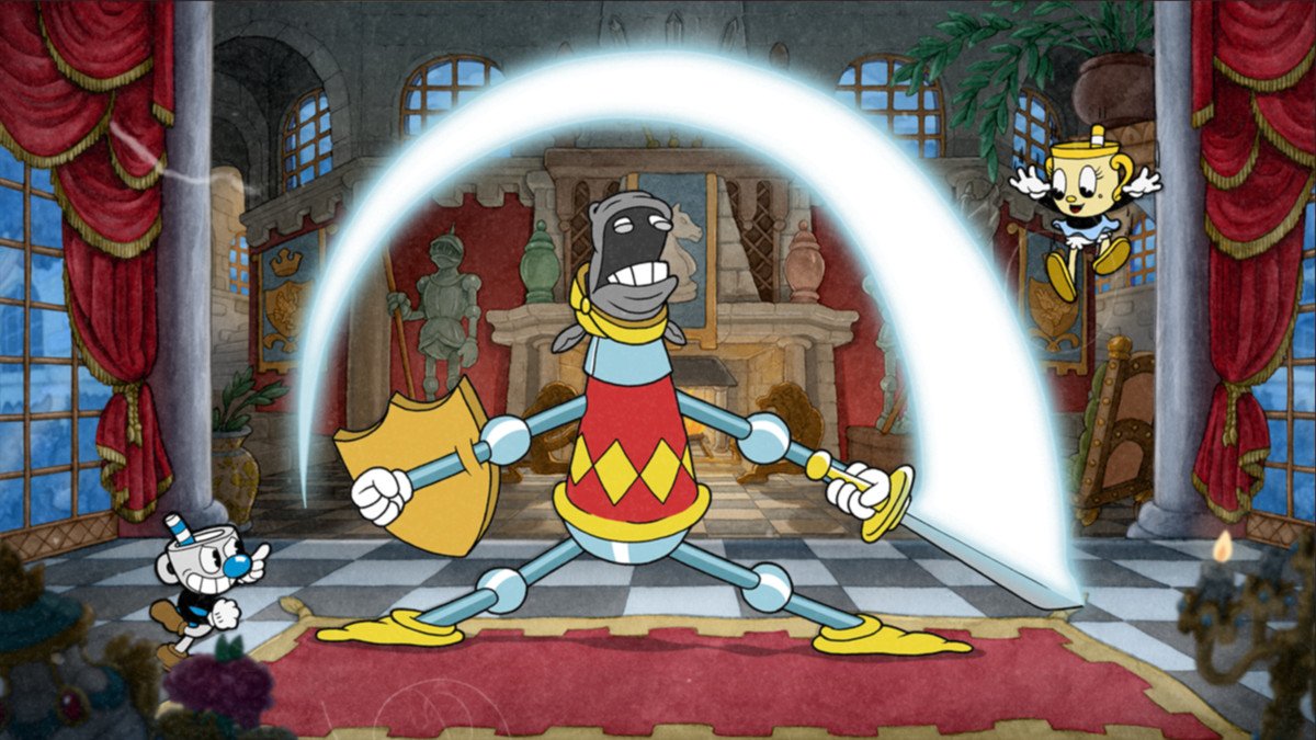 A large horse dressed as a knight fights Cuphead and Ms. Chalice in a throne room.