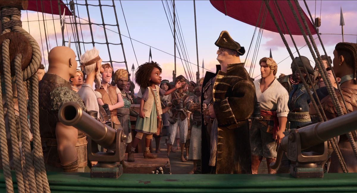 Maisie, Captain Crow, and the crew on the deck of their ship in The Sea Beast