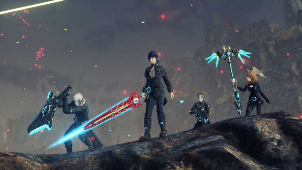 The cast of Xenoblade Chronicles 3 standing in a volcanic area
