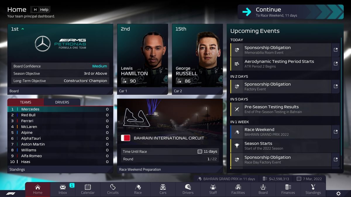 The home screen in F1 Manager 22, with Mercedes as the player-controlled team