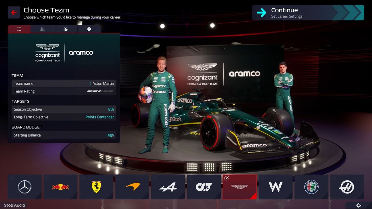 Team selection screen in F1 Manager 22, with Aston Martin selected.