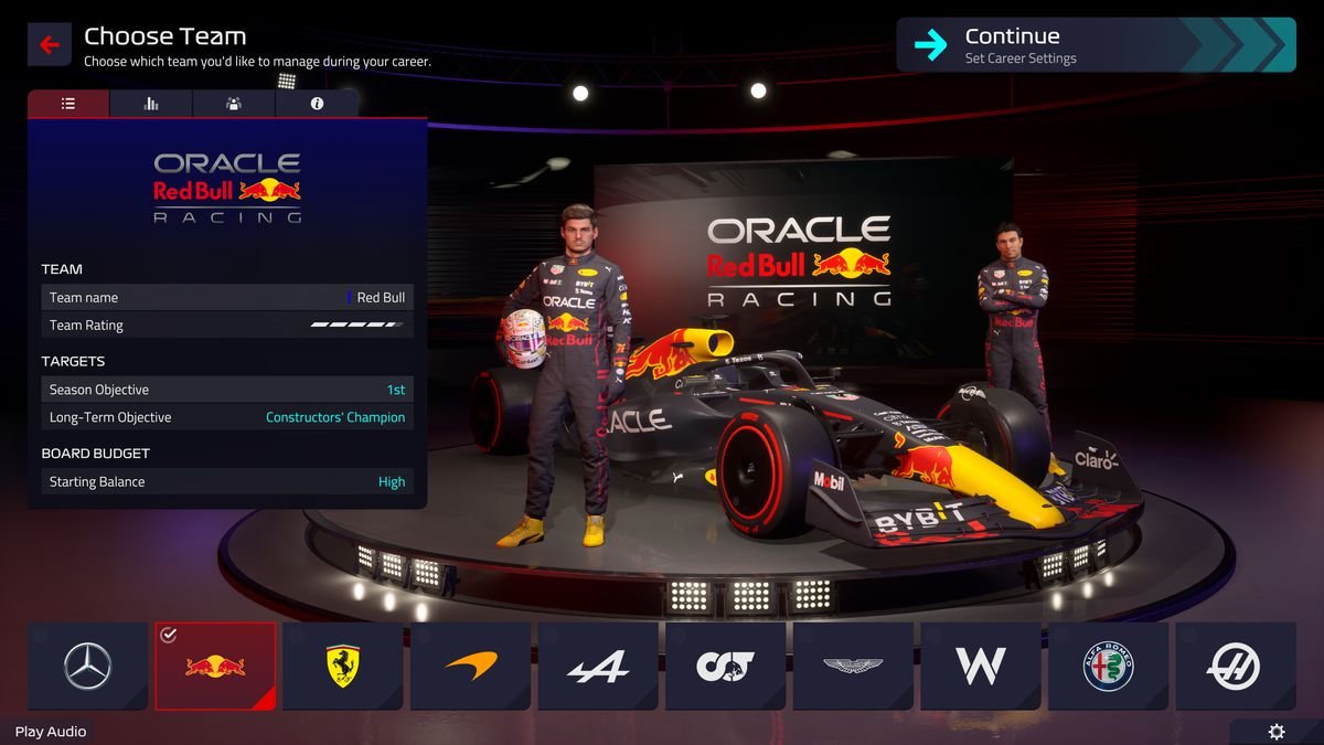 Team selection page in F1 Manager 22, with Red Bull selected