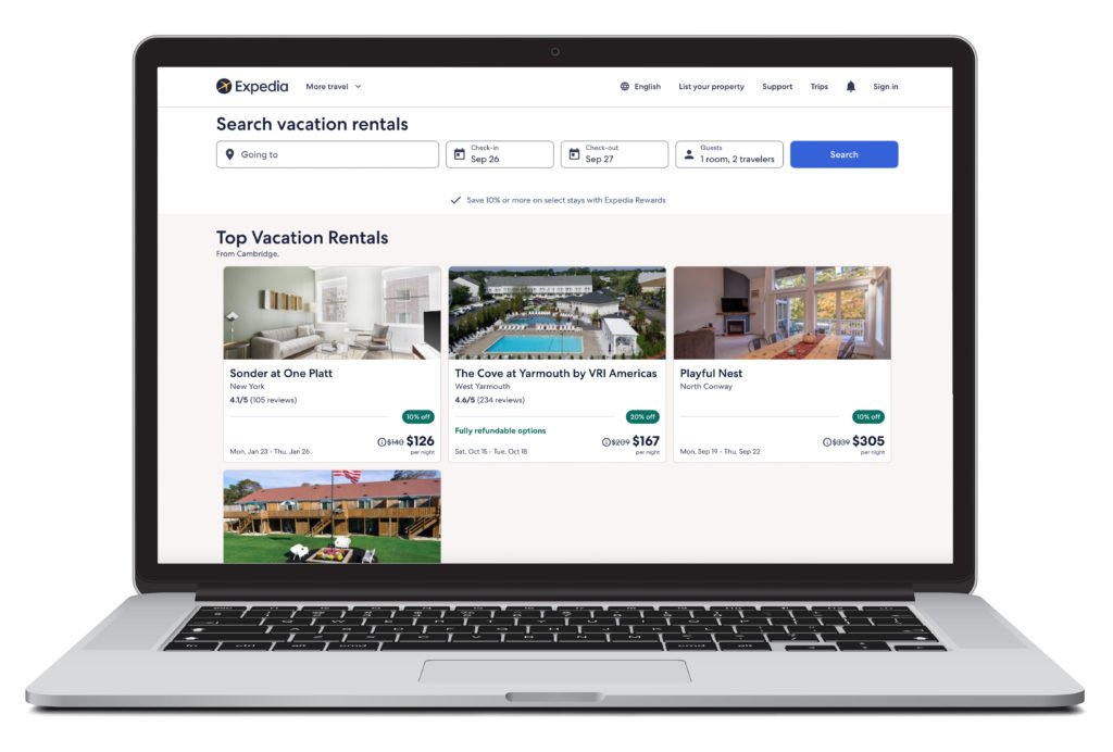 Digital rendering of a laptop showing the homepage of Expedia