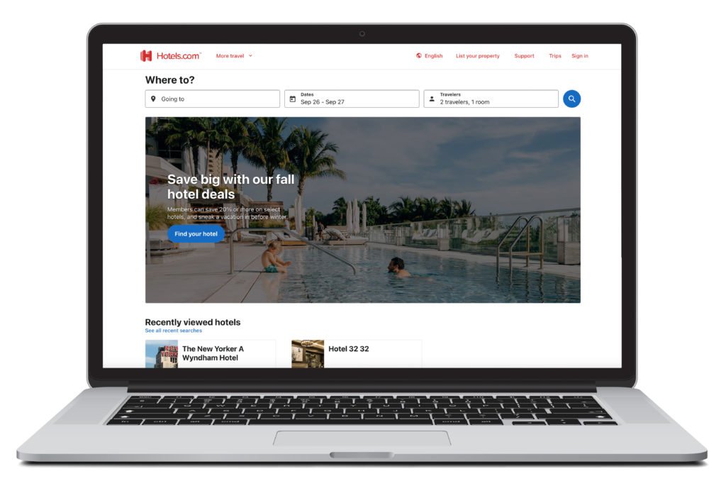 Digital rendering of a laptop showing the homepage of Hotels.com