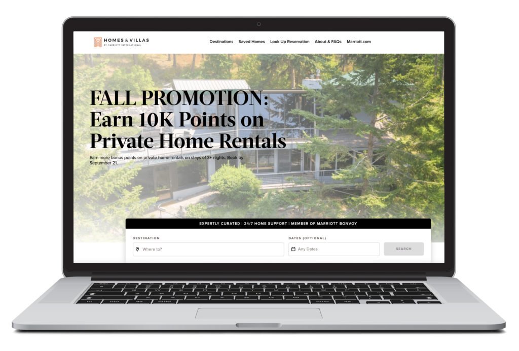 Digital rendering of a laptop showing the homepage of Marriott Homes & Villas