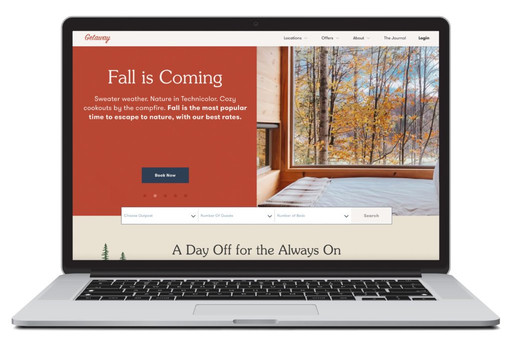 Digital rendering of a laptop showing the homepage of Getaway