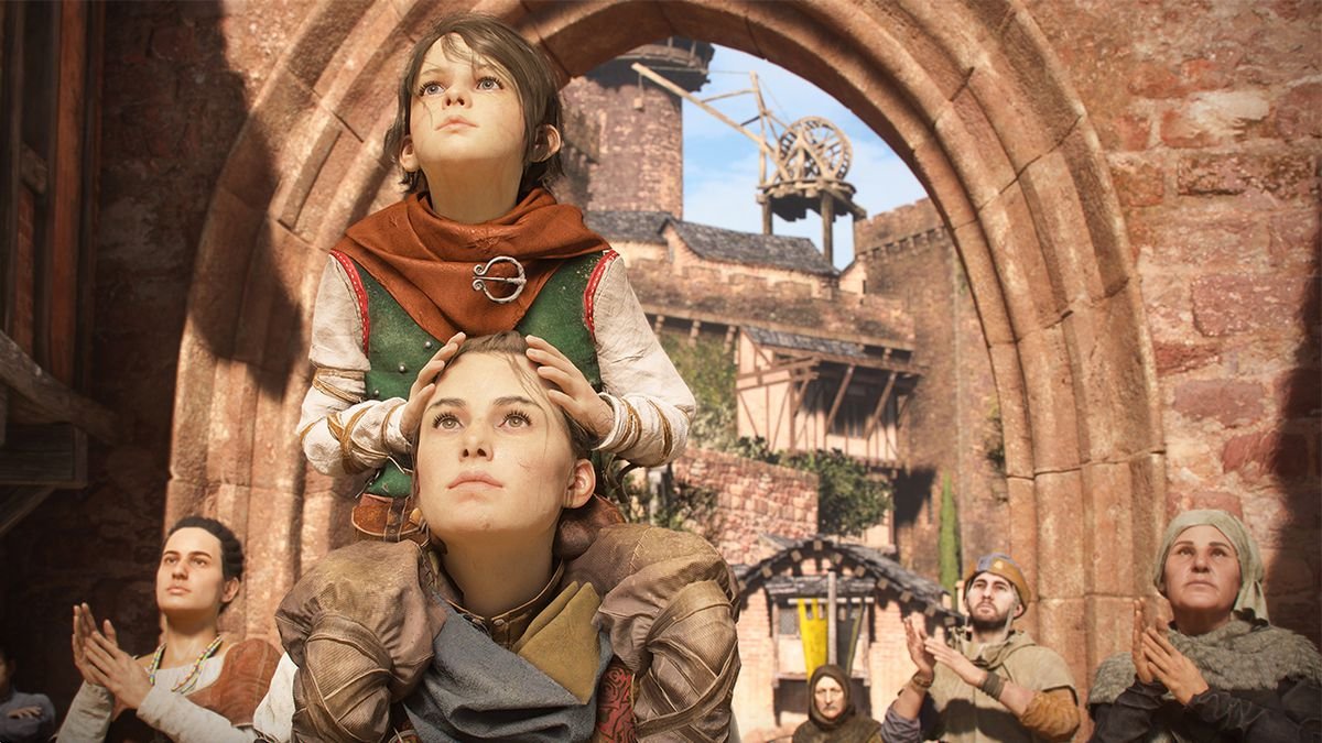 Hugo sits on Amicia’s shoulders as they move through an applauding crowd in a city in A Plague Tale: Requiem