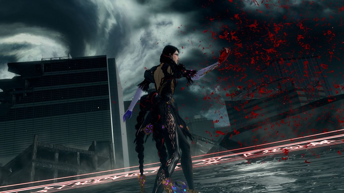 As a gray, overcast city falls to ruin in the background, Bayonetta reaches out to touch a cloud of red sparkles on the wind in Bayonetta 3