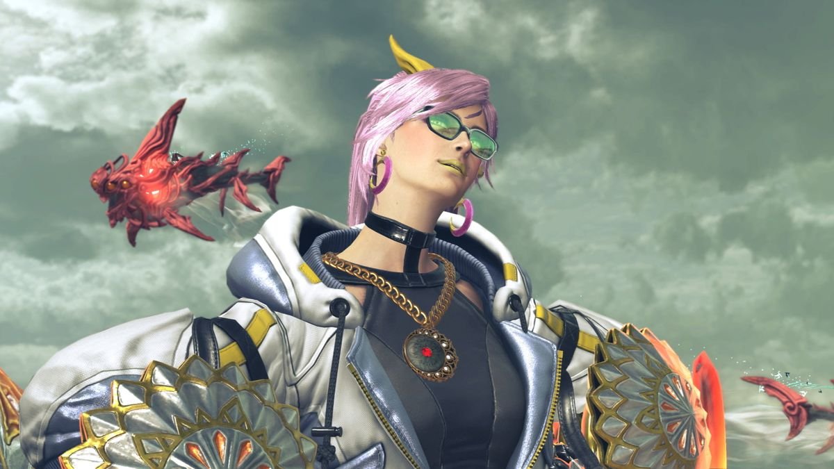 A screenshot from Bayonetta 3 depicting a Bayonetta from another universe who has pale pink hair and is wearing a leather vest with a white puffy jacket