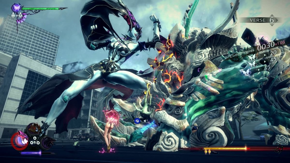Bayonetta disrobes as part of her summoning ritual for massive demonic entities like Madama Butterfly, pictured at left fighting against one of the homunculi enemies in Bayonetta 3
