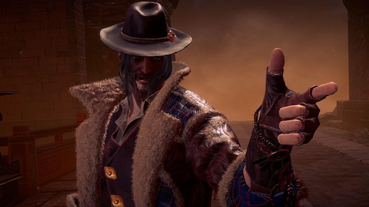 Luka, wearing a brown fedora, fur coat, and brown leather gloves, points a finger gun at the camera in Bayonetta 3
