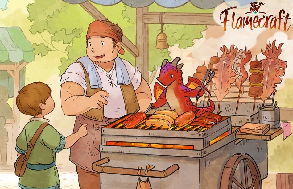 A food cart selling bits of squid as well as sausages, its fires tended by a tiny red and purple dragon. A boy in green asks the ven dor, a burly man in medeival garb, for a bite to eat.