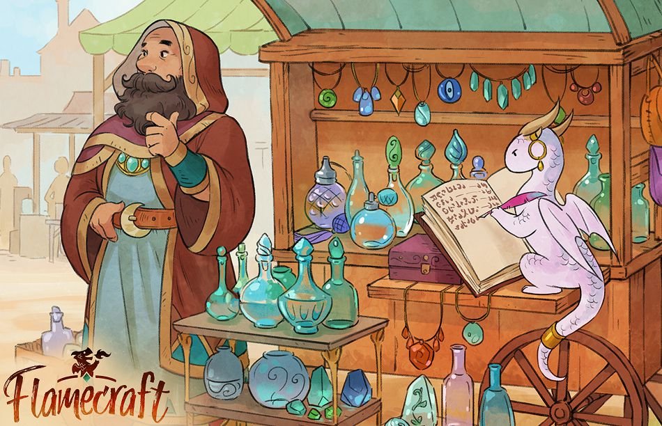 A man in a rob, wearing jewels, stares into the distance. His bushy mustache is furrowed, hiding his mouth. An astute tiny dragon scrawls in a ledger. Their cart is filled with magical potions and jewelry.