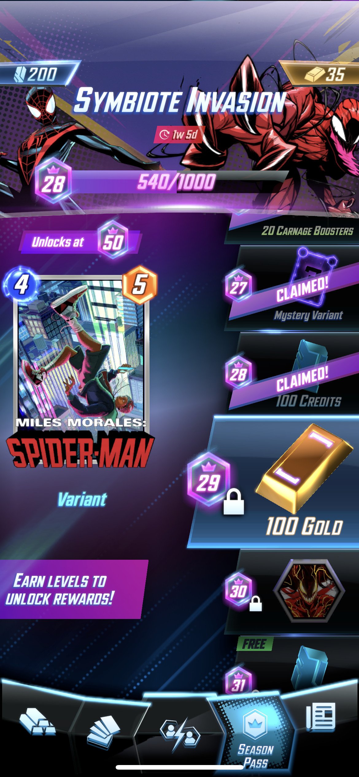 A menu in Marvel Snap depicting some of the levels in the Season Pass that can be unlocked to earn rewards, like a Spider-Man variant card depicting Miles Morales