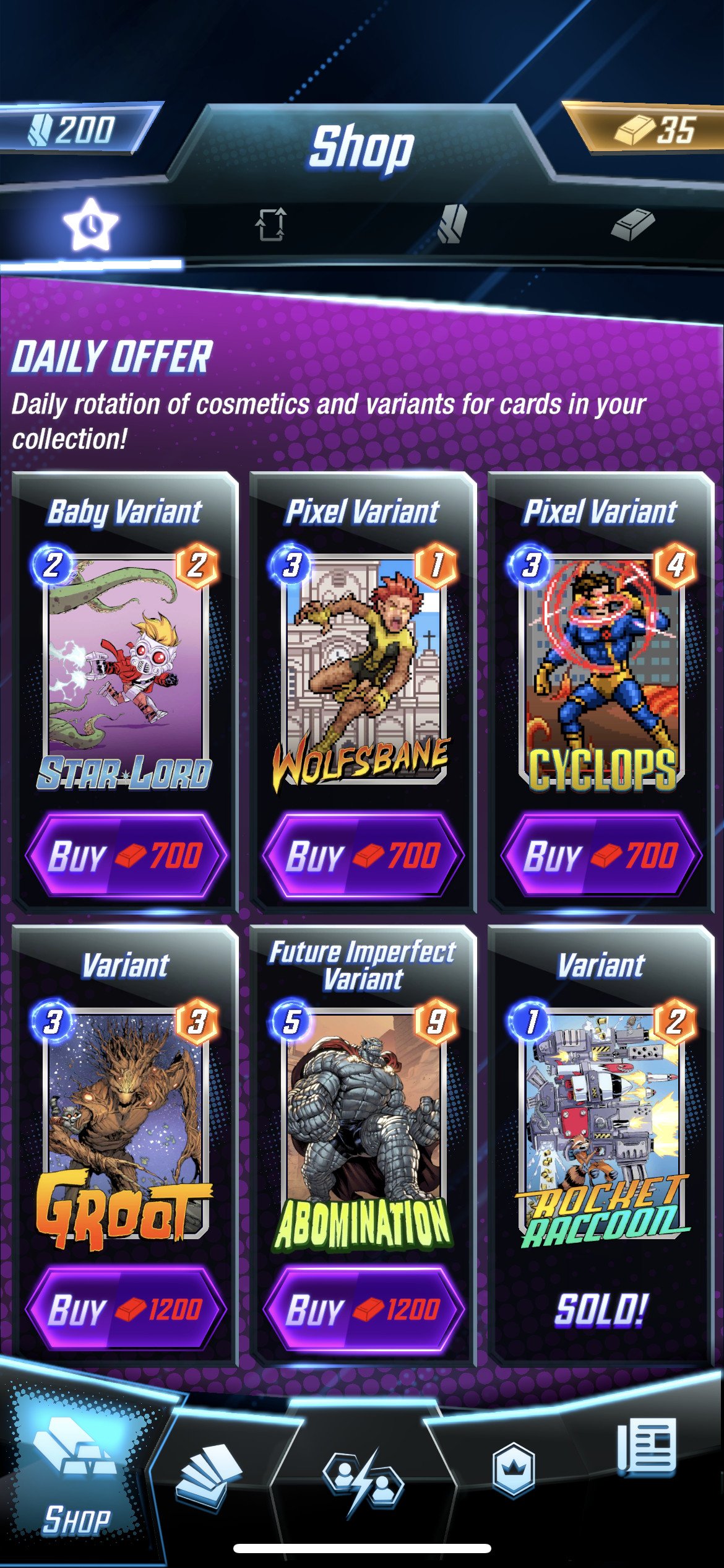 A menu screen from Marvel Snap depicting the game’s “Daily Offer” system, which offers cosmetic changes to cards for a price