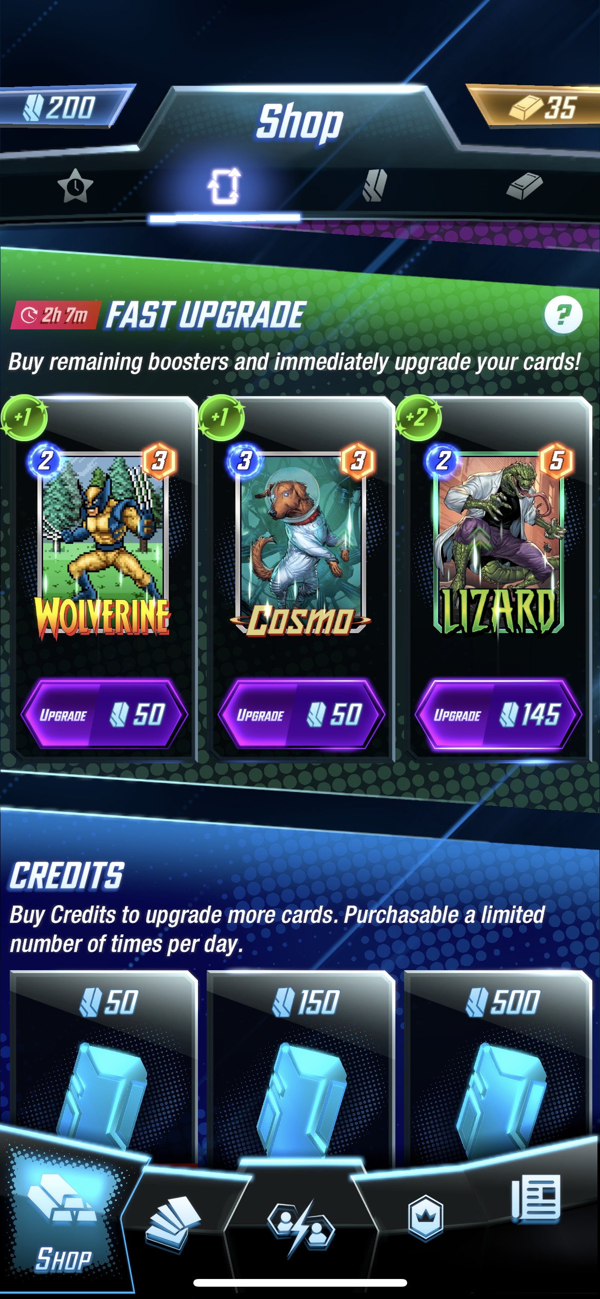 A menu screen of the in-game shop for Marvel Snap that invites the player to buy booster packs