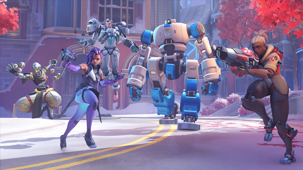Zenyatta, Sombra, Sigma and Sojourn guide a robot in a screenshot from Overwatch 2