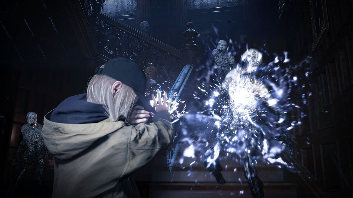Rose Winters uses a Mold power against several enemies coming down dimly lit stairs in Resident Evil Village Winters’ Expansion